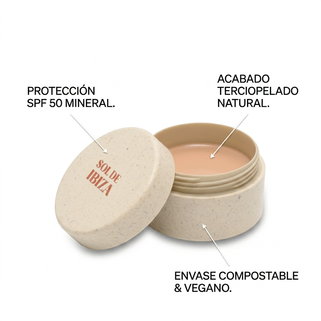 BB Cream mineral de Sol de Ibiza color nude con protección solar SPF50 PA+++ en envase compostable sin plástico