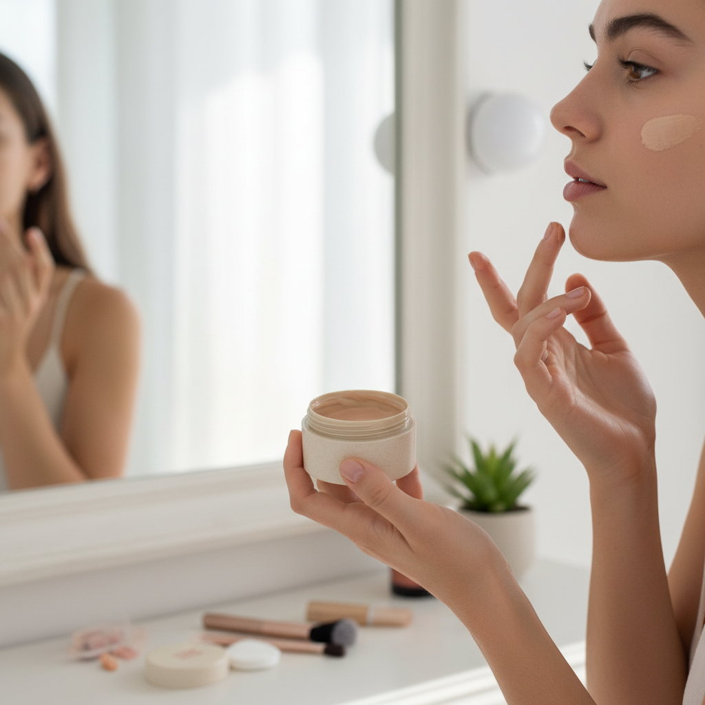 BB Cream mineral de Sol de Ibiza color nude con protección solar SPF50 PA+++ en envase compostable sin plástico EN USO
