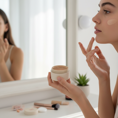 BB Cream mineral de Sol de Ibiza color nude con protección solar SPF50 PA+++ en envase compostable sin plástico EN USO