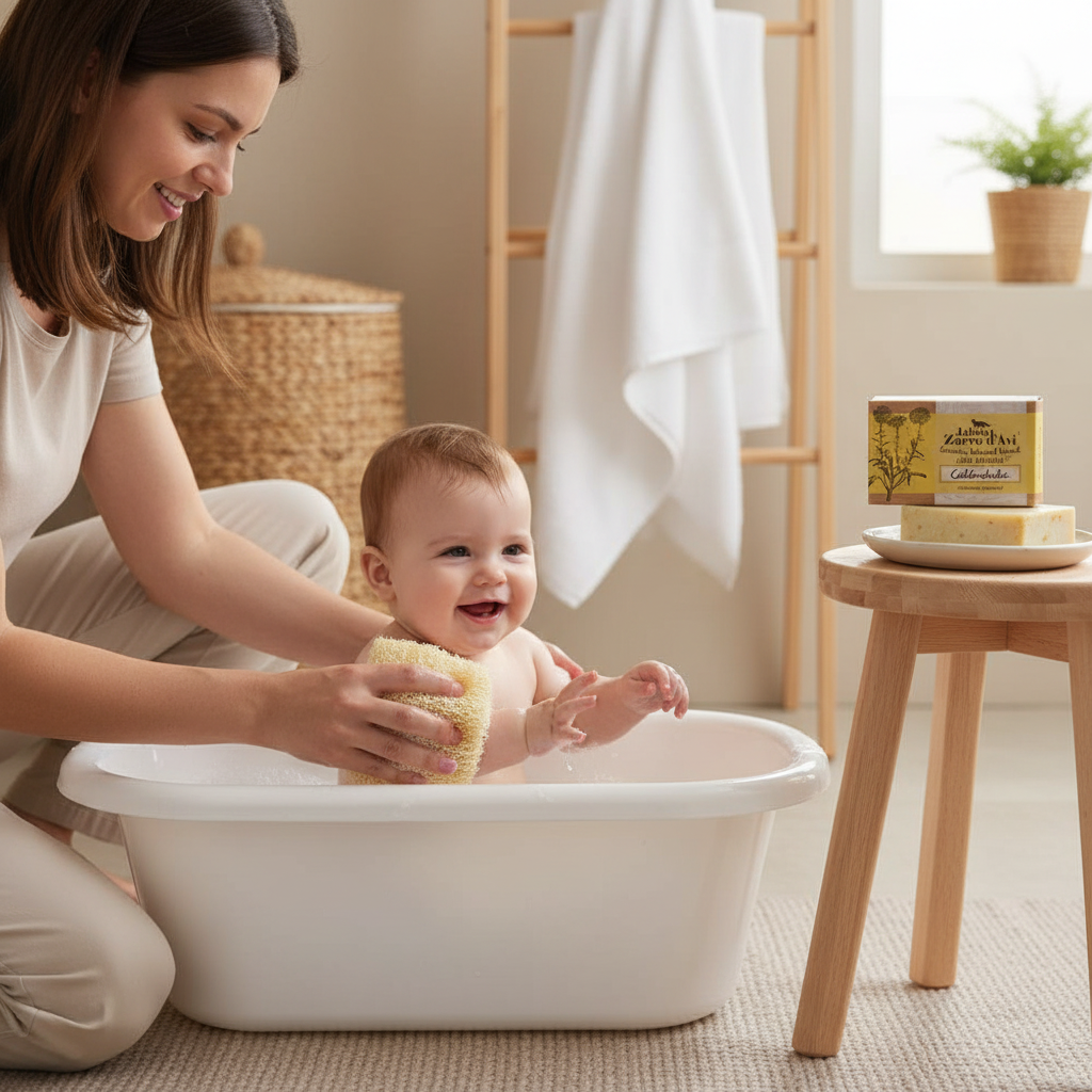 Foto UGC baño bebé con jabón y packaging