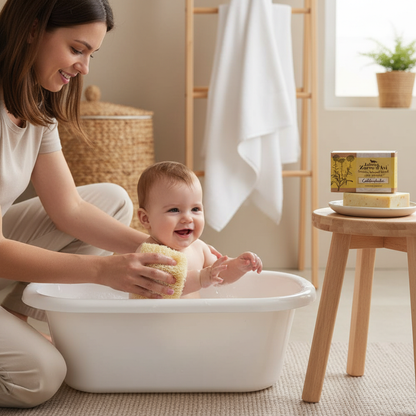 Foto UGC baño bebé con jabón y packaging
