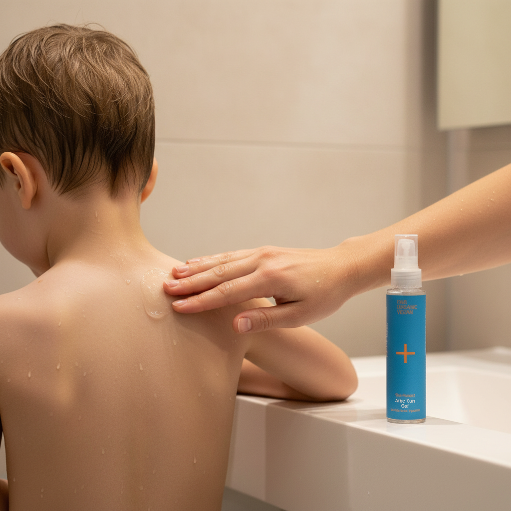 Una persona aplicando el Gel After Sun Refrescante de Almaeko sobre la piel después de un día de playa para calmar e hidratar. USO