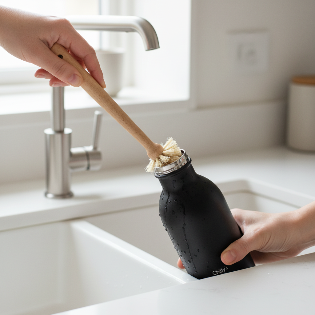 Imagen de uso cepillo a punto de entrar en botella Chilly&