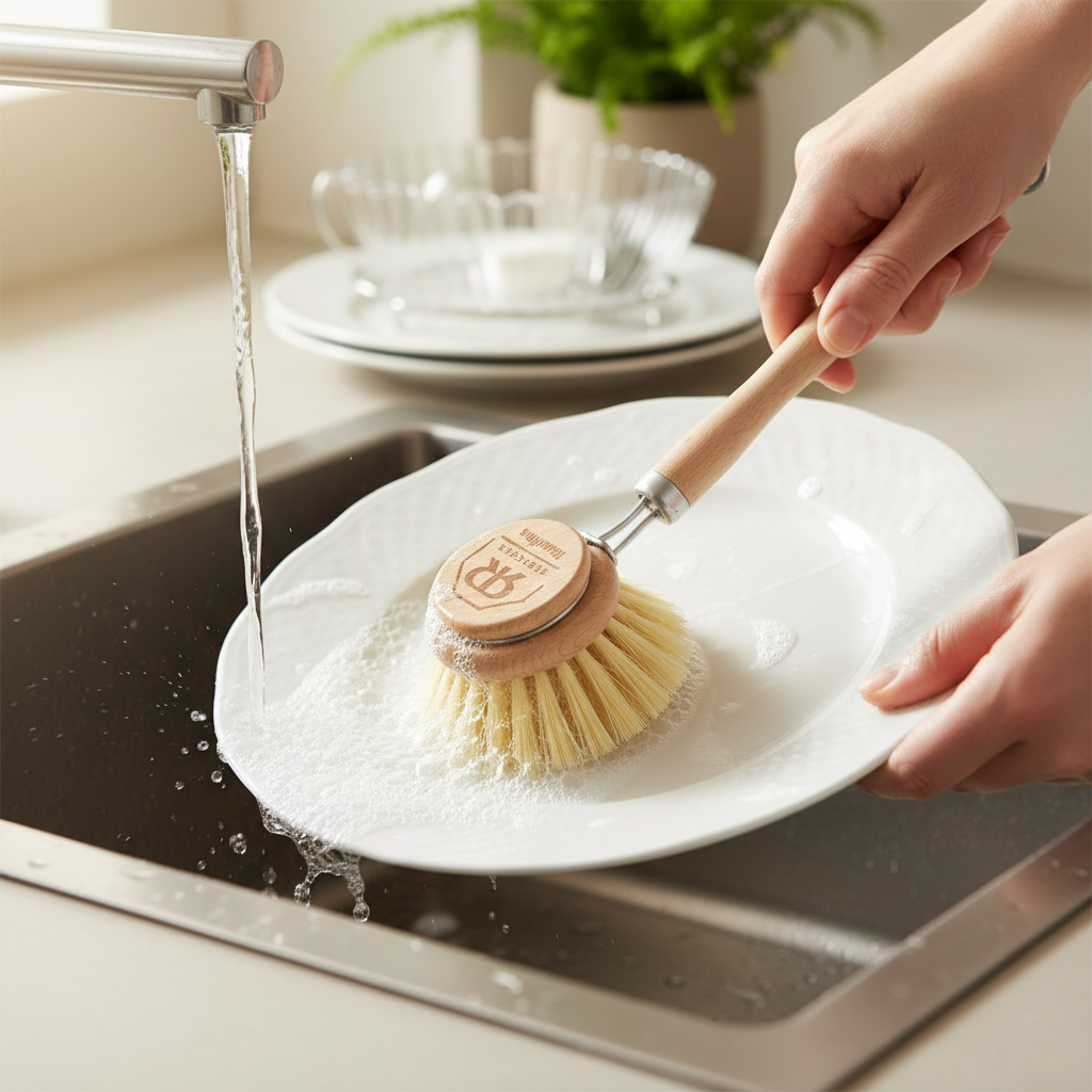 Imagen de uso cepillo fregando vajilla