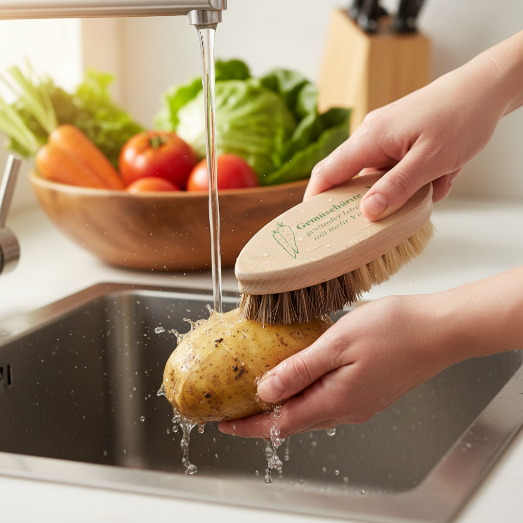 Imagen de uso cepillo limpiando verduras