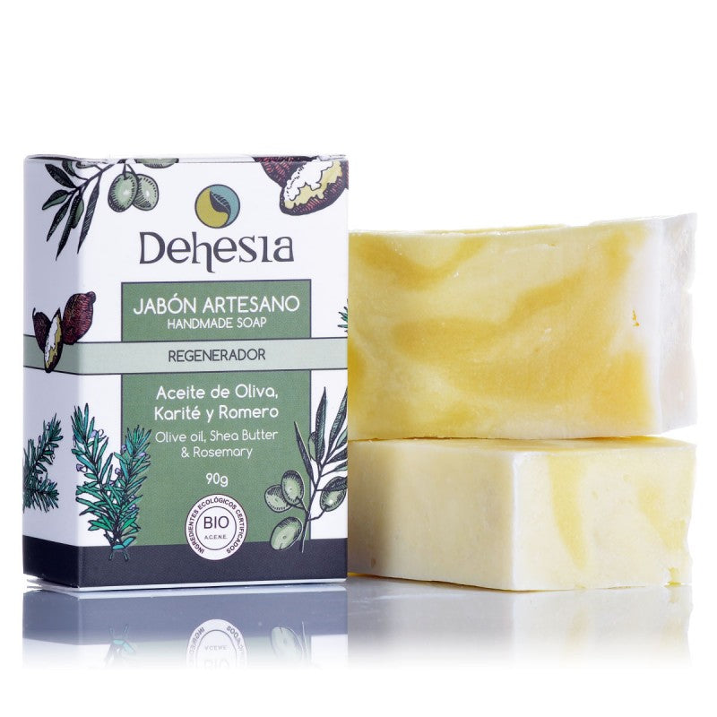 Jabón REGENERADOR BIO. Oliva, karité y romero. Pieles secas, BIO. Dehesia - VEGANO, vista bodegón