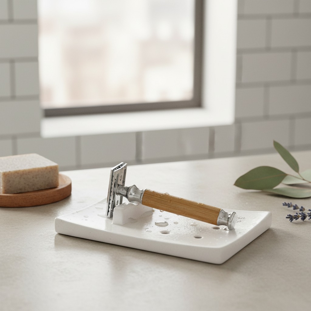 Jabonera con maquinilla de afeitar en uso