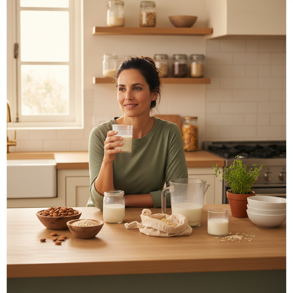 Mujer disfrutando leche vegetal casera