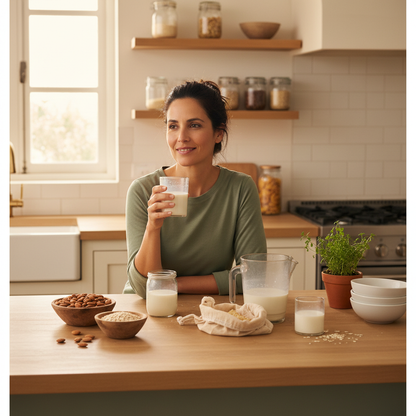 Mujer disfrutando leche vegetal casera