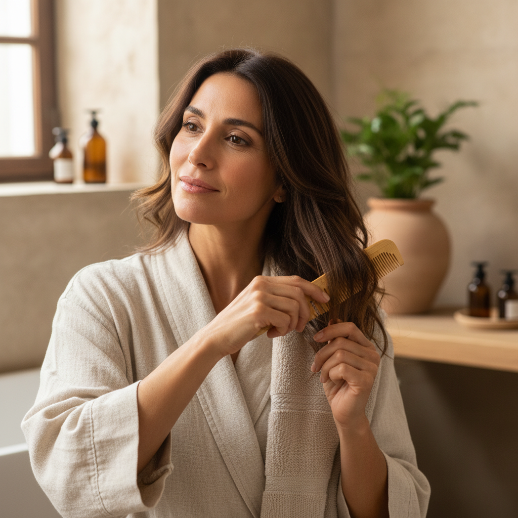 Mujer peinándose con peine de bambú