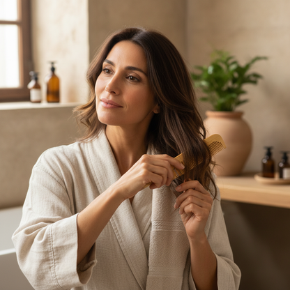 Mujer peinándose con peine de bambú
