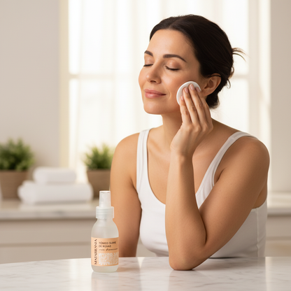 Mujer usando tónico facial de rosas