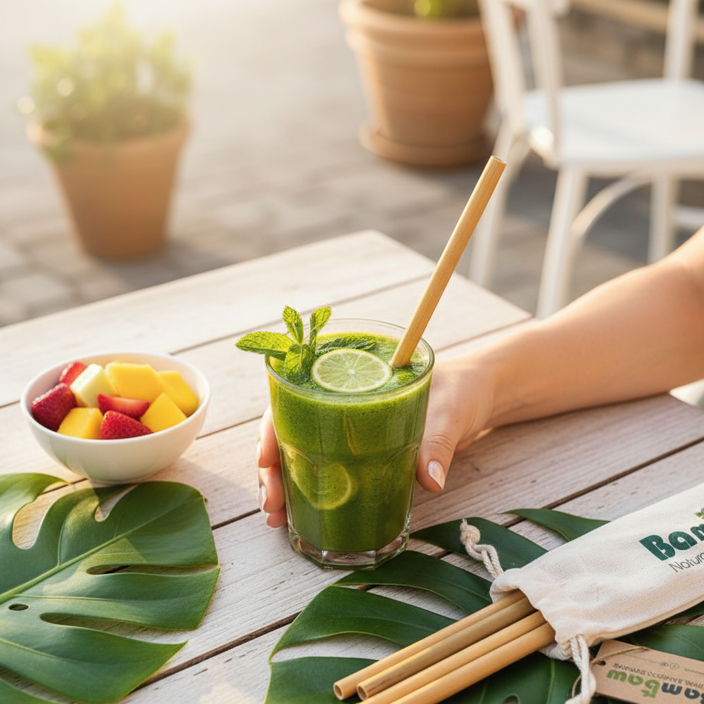 Pajitas de Bambú en uso