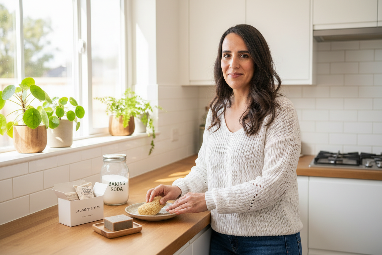 Persona en cocina con productos de limpieza eco-friendly