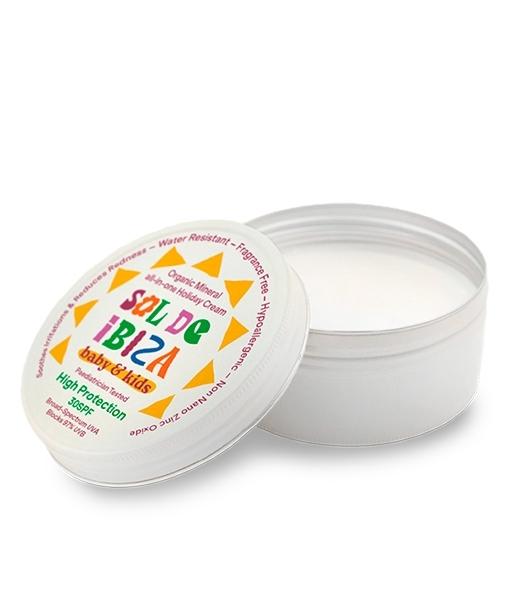 Protector solar mineral All-in-One SPF30 para bebés y niños, en su envase de 100gr sobre fondo blanco. Fórmula segura apta desde los 0 meses