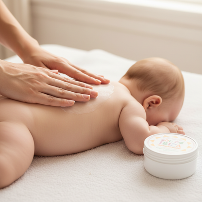 Protector solar mineral All-in-One SPF30 para bebés y niños, en su envase de 100gr sobre fondo blanco. Fórmula segura apta desde los 0 meses EN USO