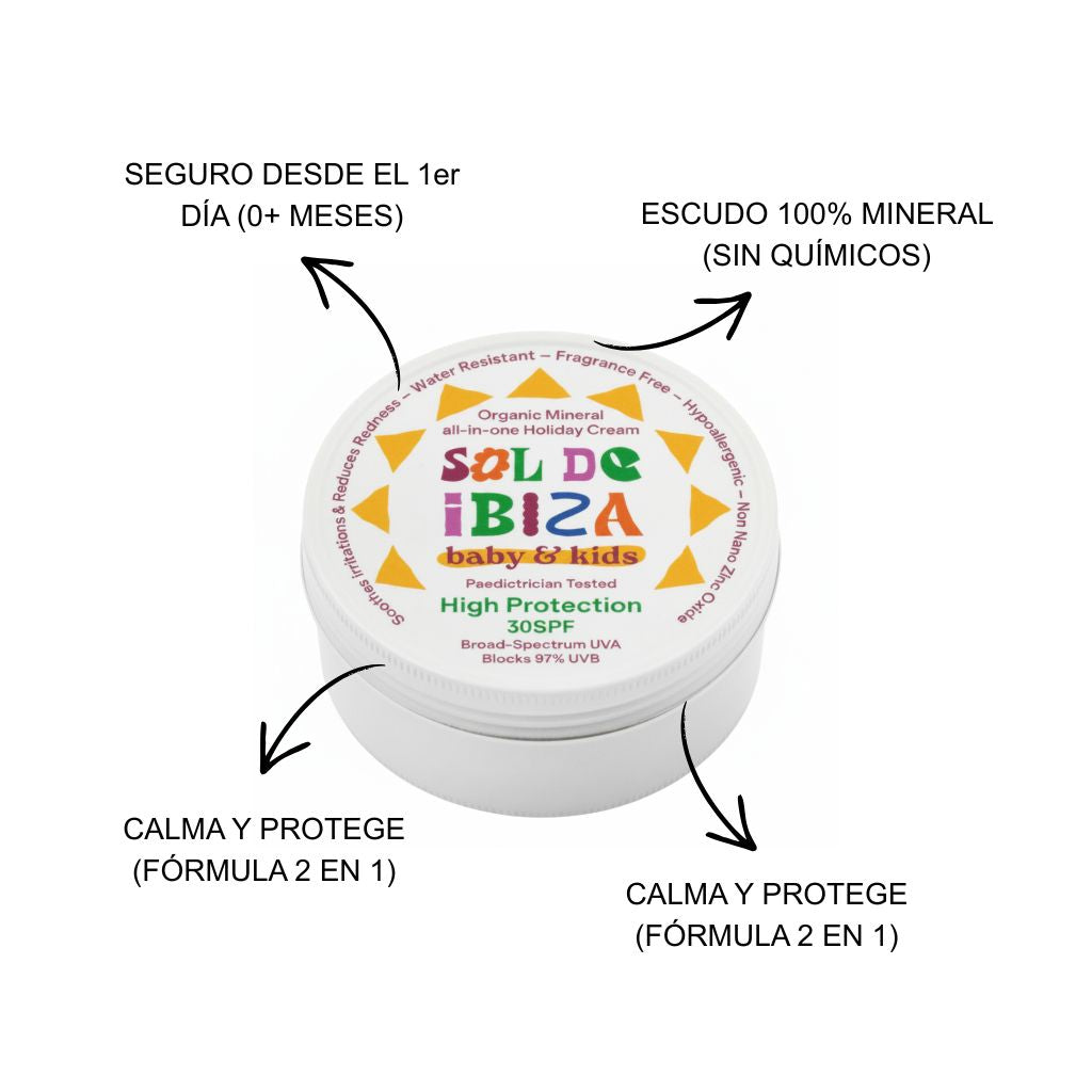 Protector solar mineral All-in-One SPF30 para bebés y niños, en su envase de 100gr sobre fondo blanco. Fórmula segura apta desde los 0 meses PROPIEDADES
