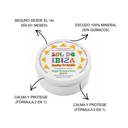 Protector solar mineral All-in-One SPF30 para bebés y niños, en su envase de 100gr sobre fondo blanco. Fórmula segura apta desde los 0 meses PROPIEDADES