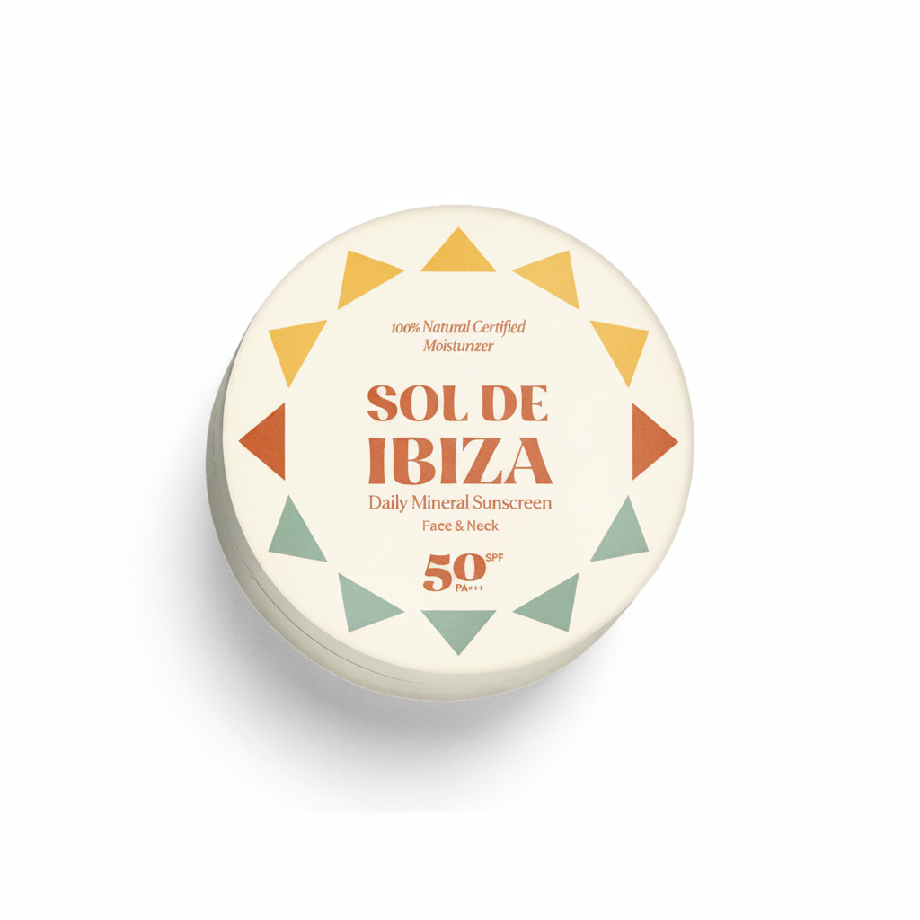 Lata de aluminio del protector solar facial Sol de Ibiza sobre la arena de la playa, un ejemplo de protección solar sostenible y cero residuos