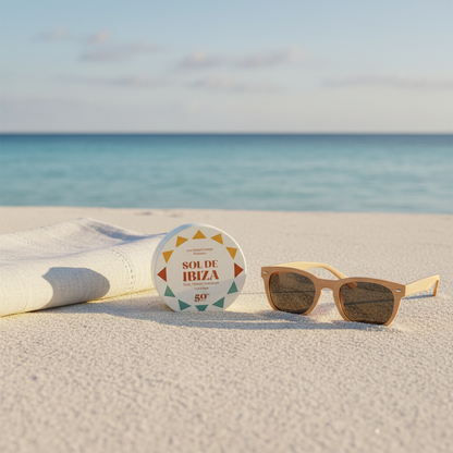 Lata de aluminio del protector solar facial Sol de Ibiza sobre la arena de la playa, un ejemplo de protección solar sostenible y cero residuos PIELES SENSIBLES
